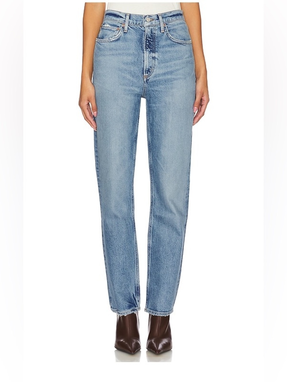 AGOLDE High Rise Stovepipe Straight Leg Jeans in Melody 28 Zip Fly Distressed